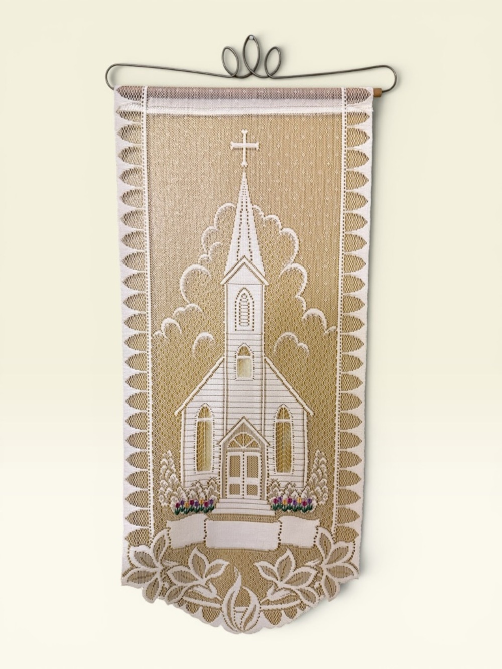 Vintage Lace Wall Hanging Featuring A Church Motif